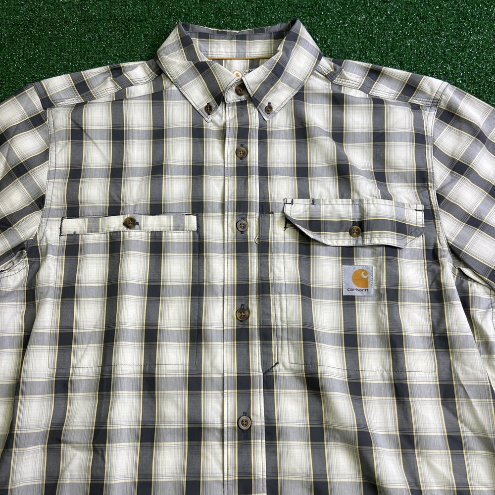 Carhartt Force Relaxed Fit Tan Plaid Short Sleeve Button Down Shirt Mens Size M